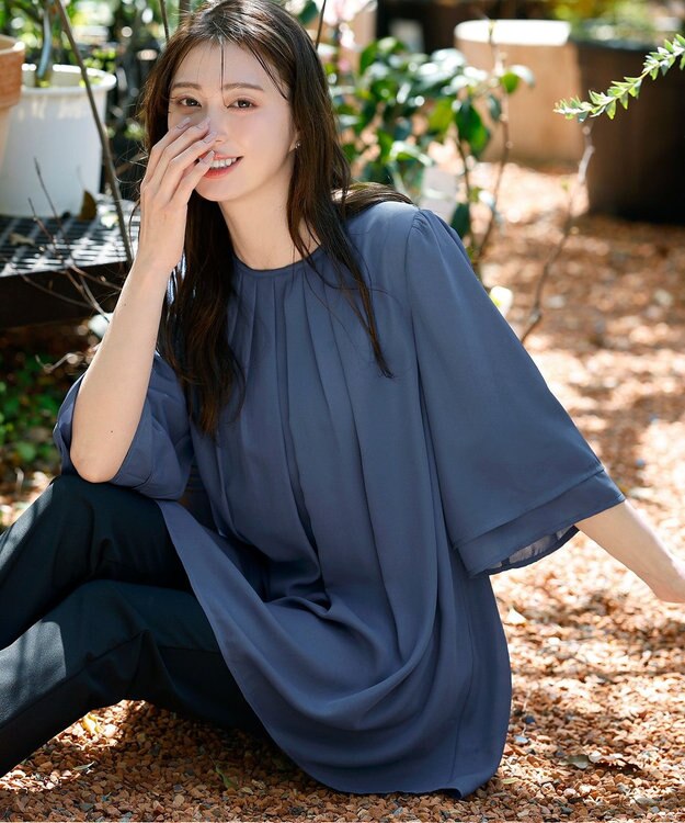 Tiaclasse 【洗える】レイヤードスリーブシフォンチュニック ブルー