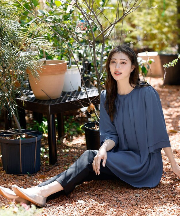 Tiaclasse 【洗える】レイヤードスリーブシフォンチュニック ブルー