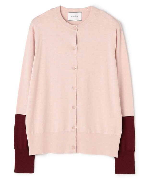 BEIGE， CHLOR / ウールシルク配色クルーネックカーディガン Pink
