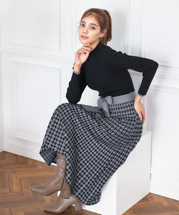 Tiaclasse 【洗える】千鳥柄ニットプリーツワンピース ブラック