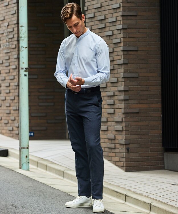 GOTAIRIKU 【シワになりにくい/洗える】ＴＣブロード シャツ_バンドカラー サックスブルー系