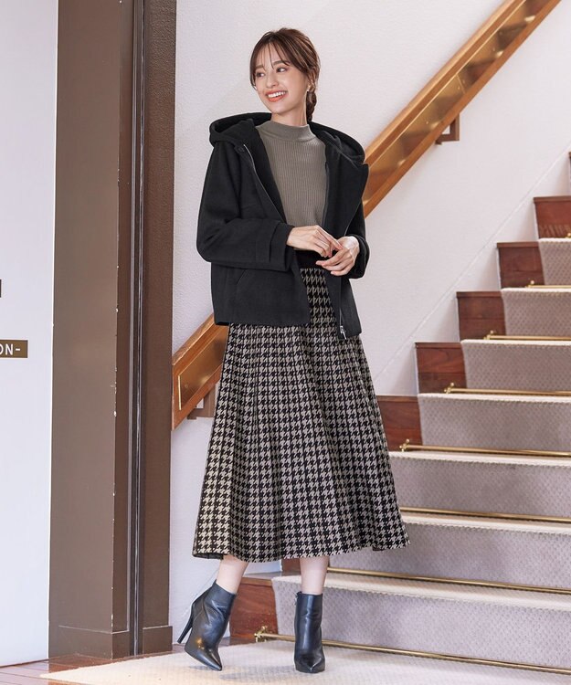 Tiaclasse 【洗える】千鳥柄ニットプリーツワンピース モカ