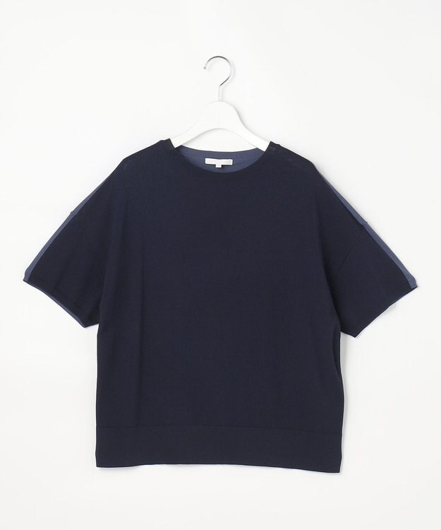 自由区 【大人のバイカラー】ライトクレープストレッチ プルオーバー ネイビー×ブルーグレー