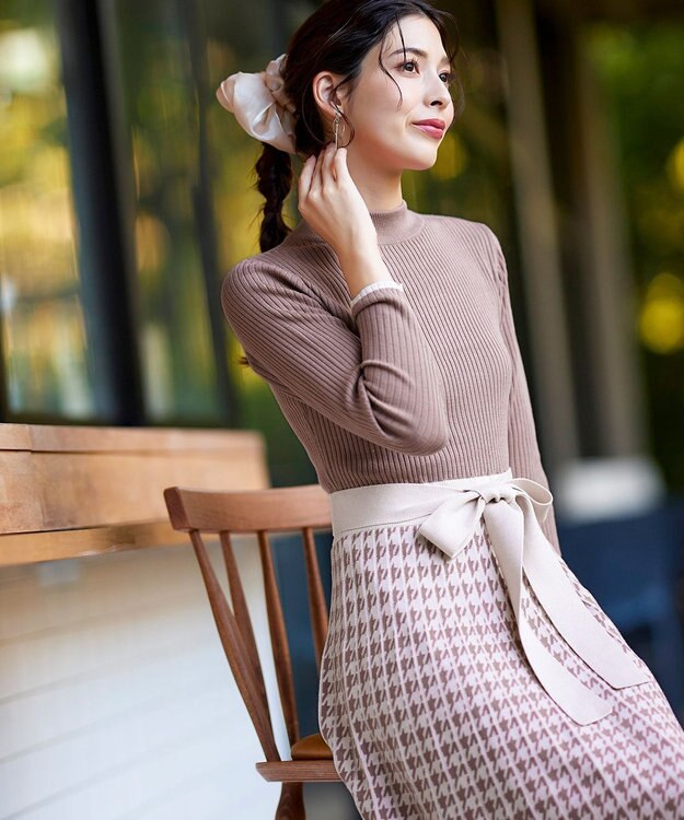 Tiaclasse 【洗える】千鳥柄ニットプリーツワンピース ピンク