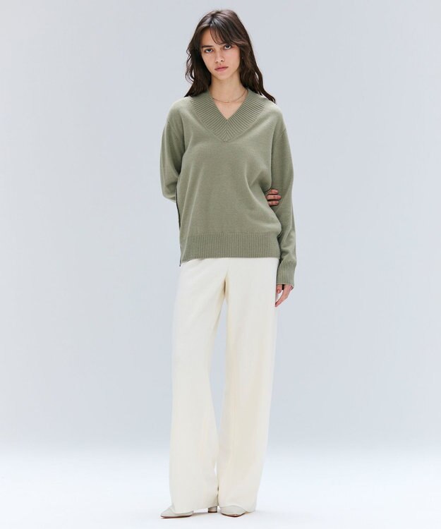 BEIGE， 【洗える】POMPE / ウールカシミヤ配色ラインVネックニット L.Khaki×Black