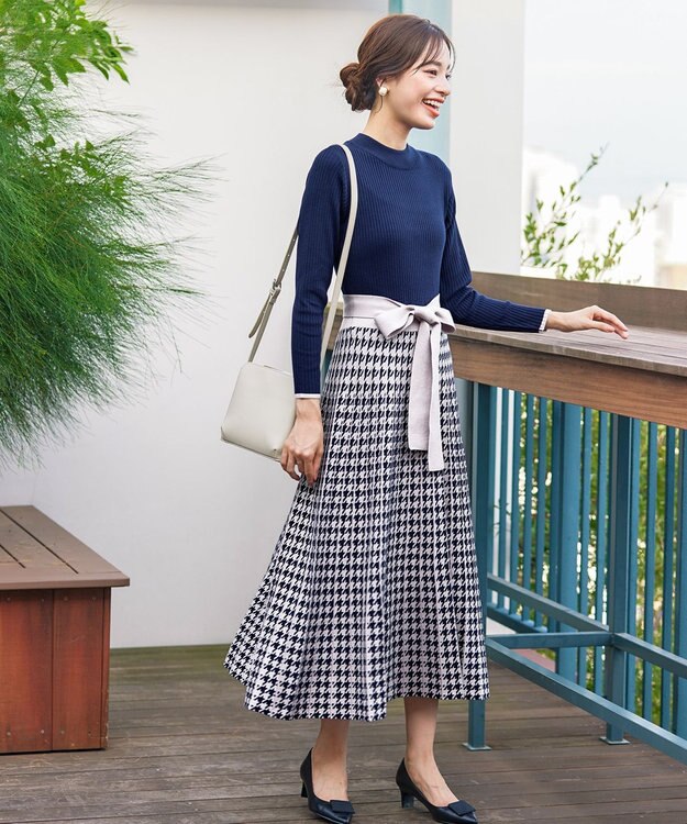 Tiaclasse 【洗える】千鳥柄ニットプリーツワンピース ネイビー