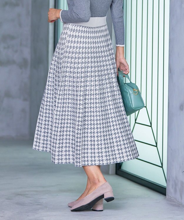 Tiaclasse 【洗える】千鳥柄ニットプリーツワンピース チャコール