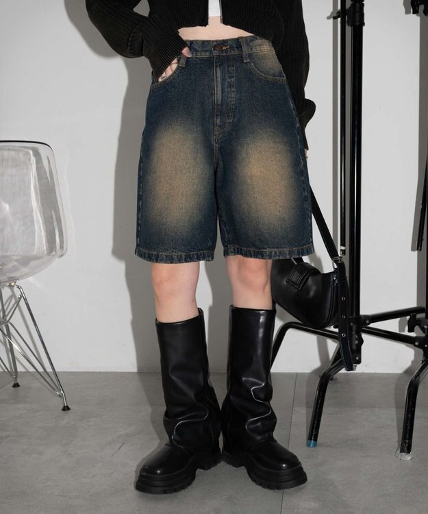 WEGO ヴィンテージウォッシュデニムハーフパンツ デニム濃加工色