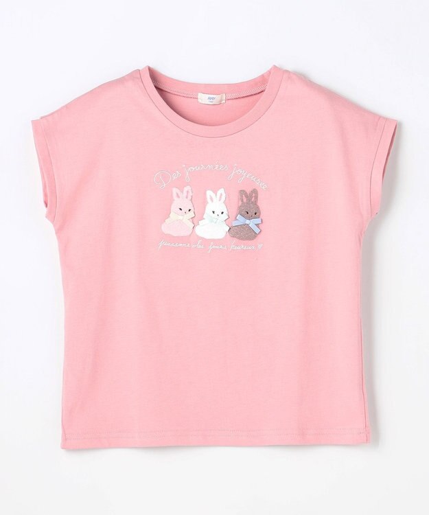 ANY KIDS 【綿100%】ひんやり フレンチスリーブ サガラ刺繡Tシャツ ピンク×ウサギ