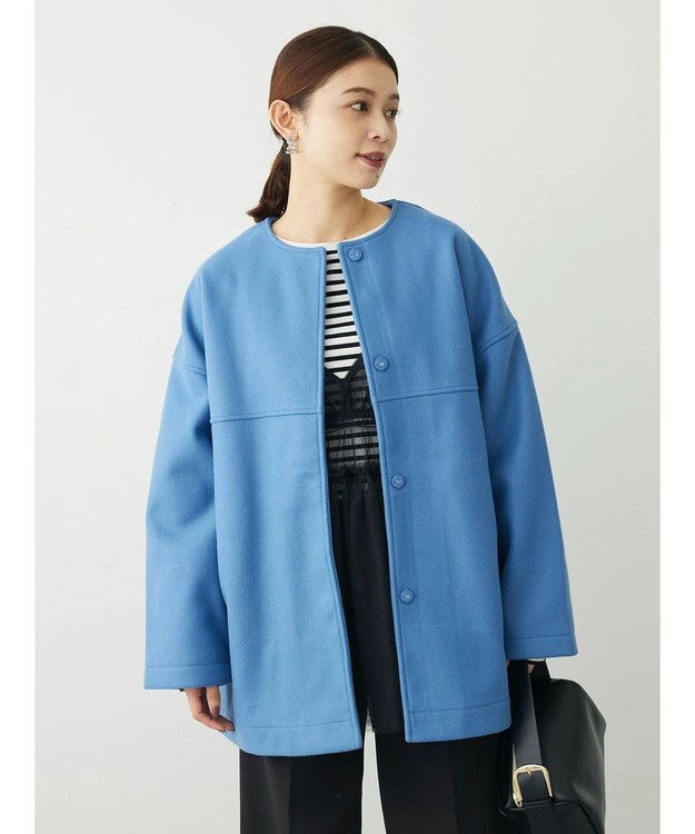 Green Parks 洗えるノーカラーショートコート Blue