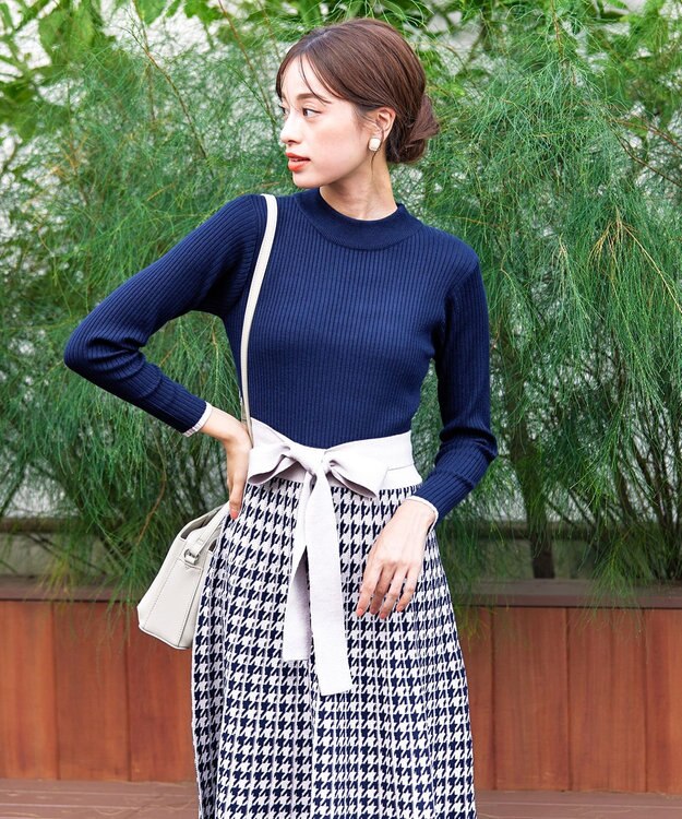 Tiaclasse 【洗える】千鳥柄ニットプリーツワンピース ネイビー