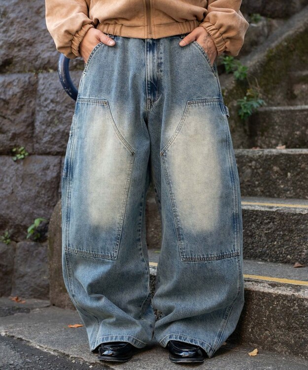 WEGO ワーカーズダブルニーデニムパンツ デニム中濃加工色