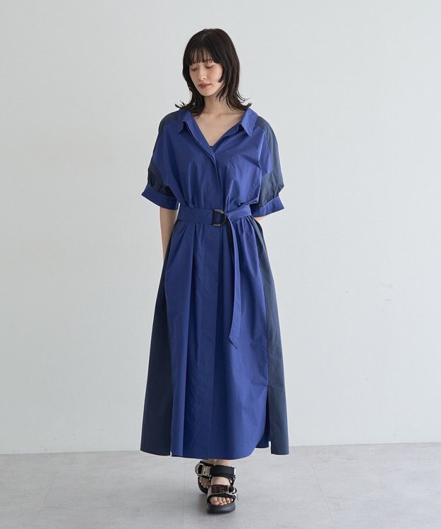 YECCA VECCA ベルト付きスキッパーシャツワンピース Blue