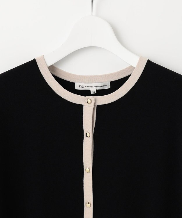 23区 【洗える】レーヨンポリエステルストレッチ 半袖 カーディガン ブラック×サンド