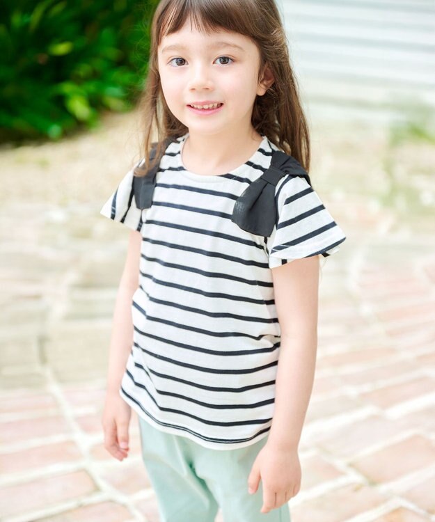 ANY KIDS ひんやりクール 肩リボンTシャツ ブラック×ボーダー