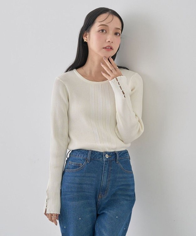 earth music&ecology パール＆ビジュースリーブプルオーバー Ivory