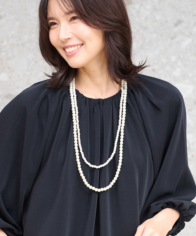ANY 【コサージュ付】二連パールロングネックレス グレー系