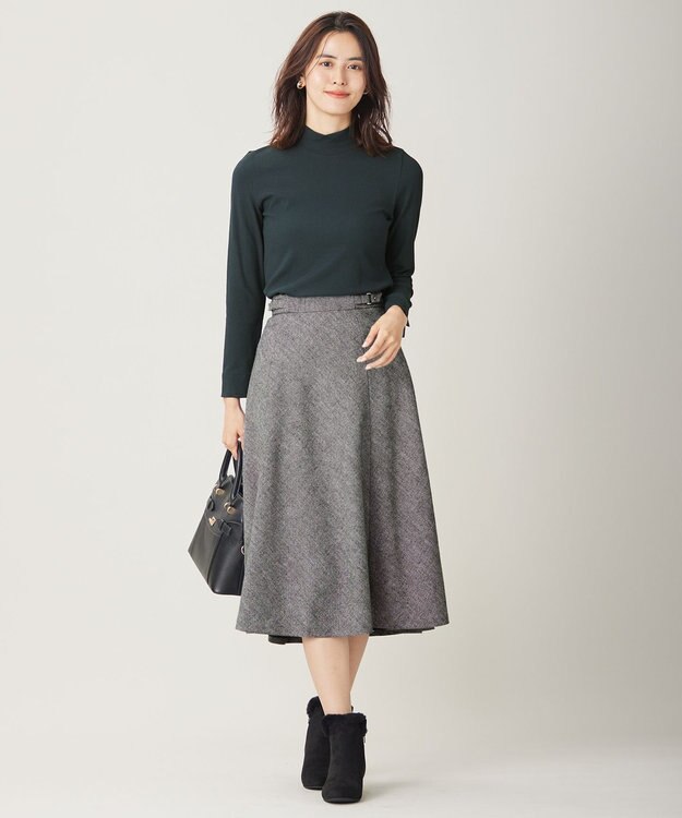 ANY SIS 【洗える】ベルトポイントフレア スカート 白黒ツイード