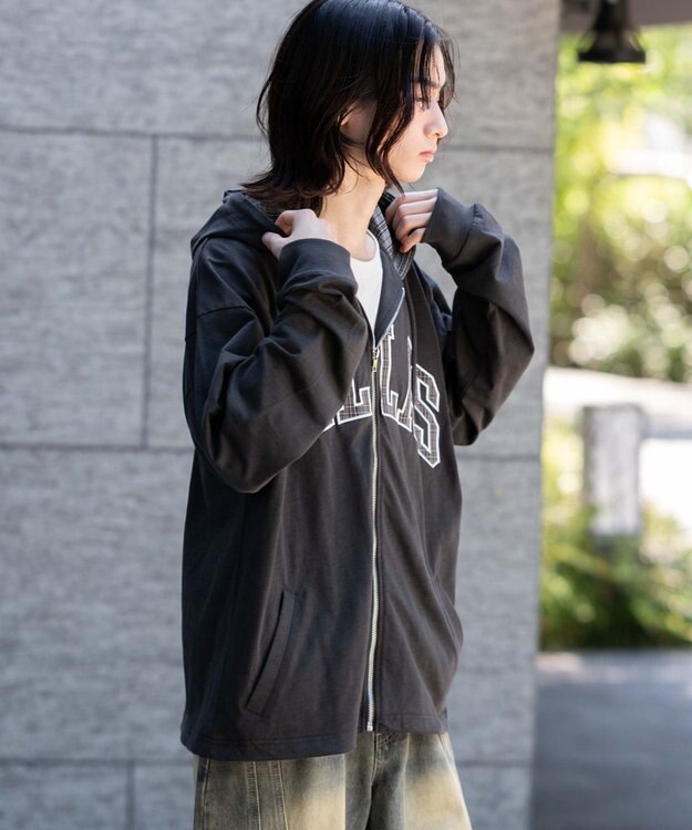 WEGO 【ユニセックス着用ITEM/MLサイズ展開】スラブチェックロゴジップパーカー ブラック中濃色