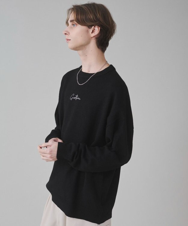 WEGO 【ユニセックス着用ITEM/SMLサイズ展開】アクセ付きワンポイントニットプルオーバー ブラック