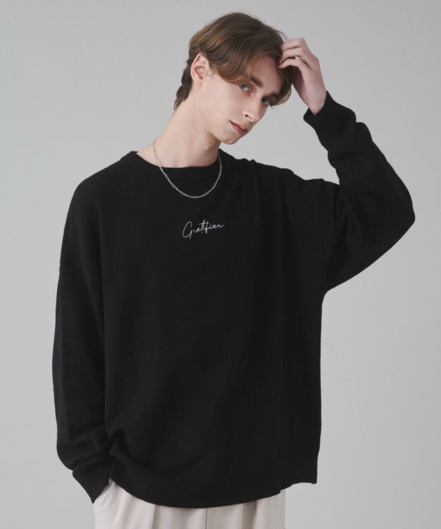 WEGO 【ユニセックス着用ITEM/SMLサイズ展開】アクセ付きワンポイントニットプルオーバー ブラック