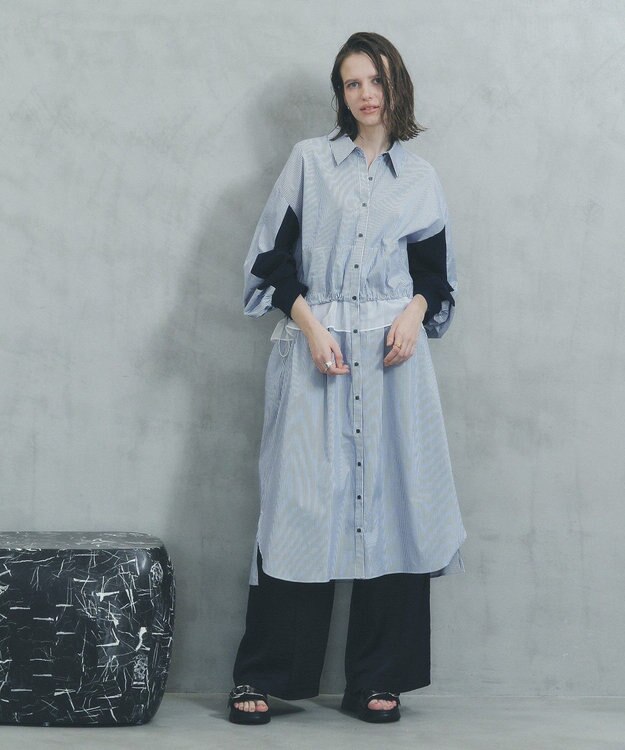 YECCA VECCA シアーMIXドロストデザインシャツワンピース Stripe