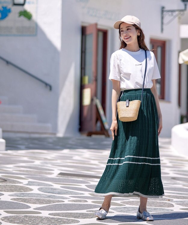 Tiaclasse クロシェ編み配色ニットスカート グリーン×グレー