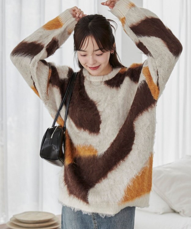 WEGO 【ユニセックス着用ITEM】マーブルシャギーニットプルオーバー ブラウン