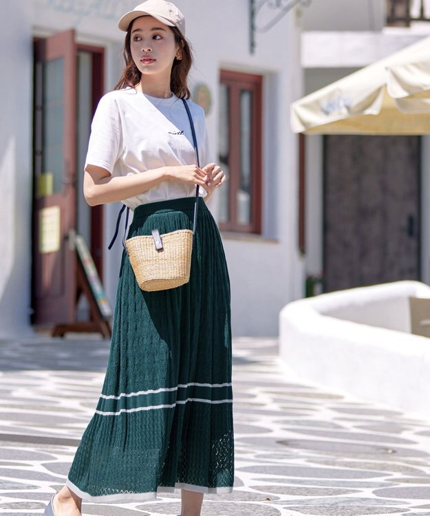 Tiaclasse クロシェ編み配色ニットスカート グリーン×グレー