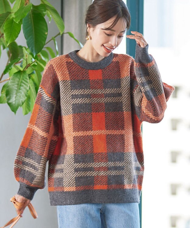 Tiaclasse 【洗える】チェック柄プルオーバーニット オレンジ