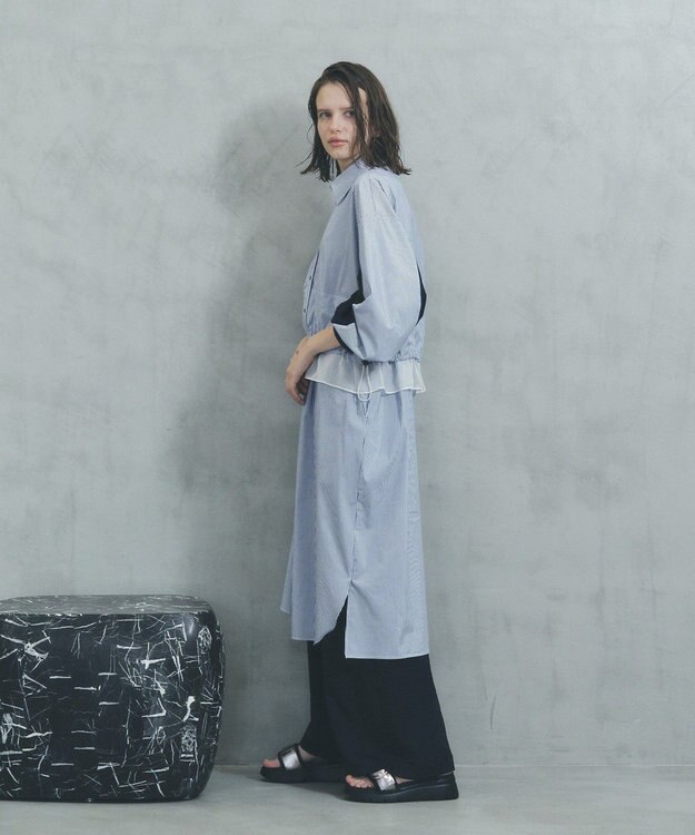 YECCA VECCA シアーMIXドロストデザインシャツワンピース Stripe