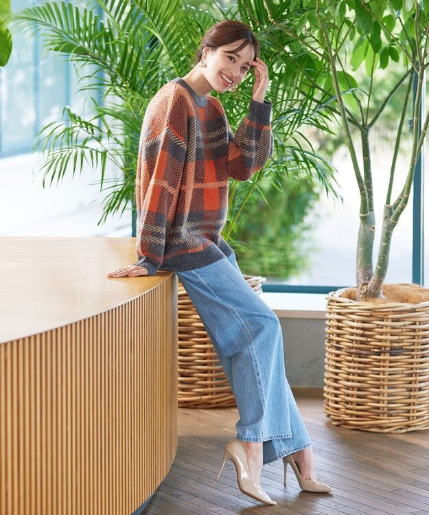 Tiaclasse 【洗える】チェック柄プルオーバーニット オレンジ