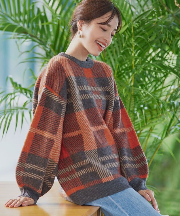 Tiaclasse 【洗える】チェック柄プルオーバーニット オレンジ