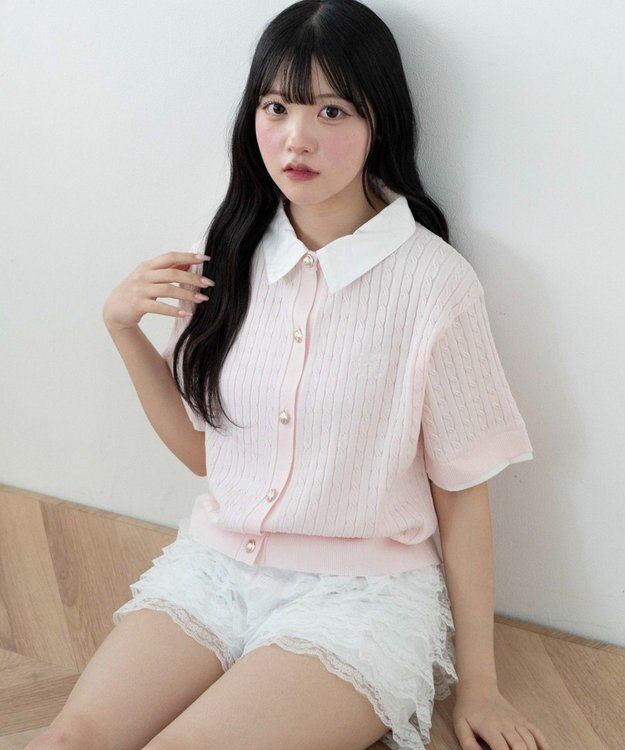 WEGO キンボタンエリツキケーブルニット ピンク