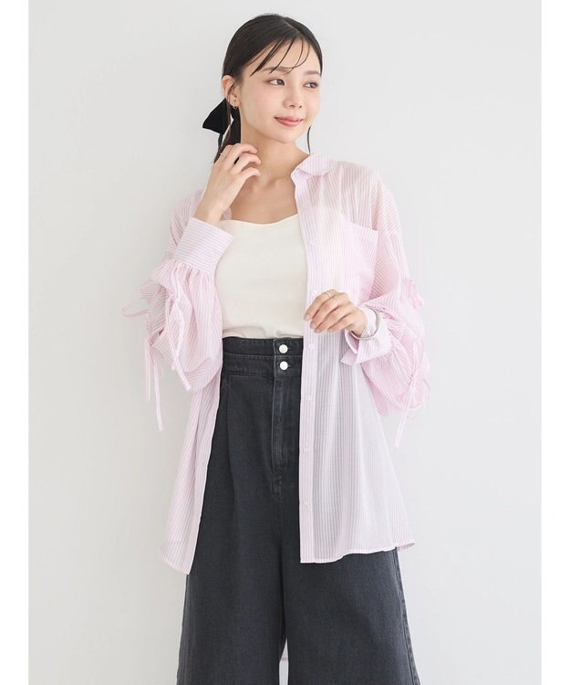 earth music&ecology 袖スリットリボンロングシャツ Pink