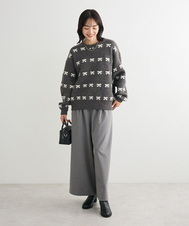 Green Parks ・ｓｗｉｎｇ　ｂｙ　リボンジャカードクルーニット Charcoal Gray