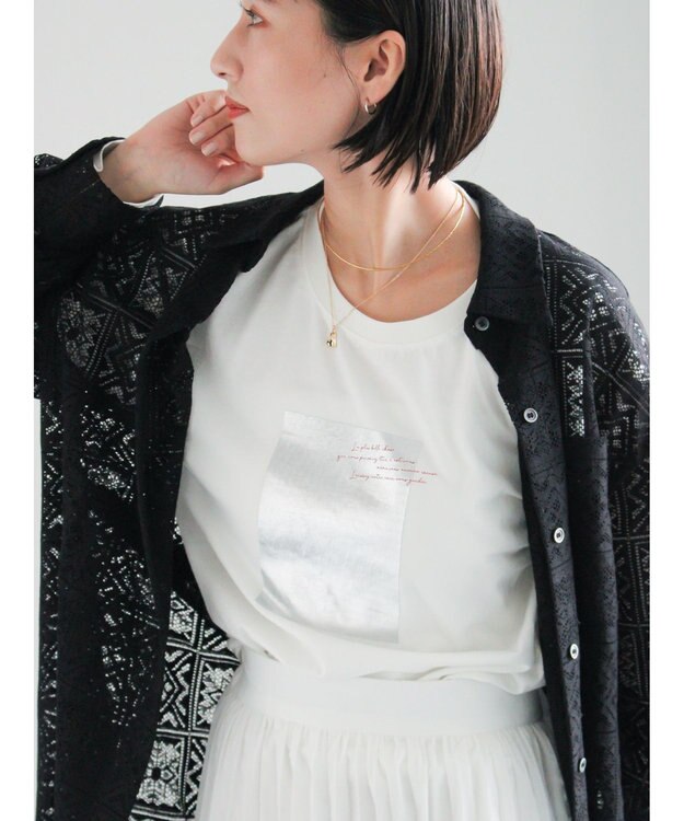 Te chichi 箔プリントロングTシャツ オフホワイト