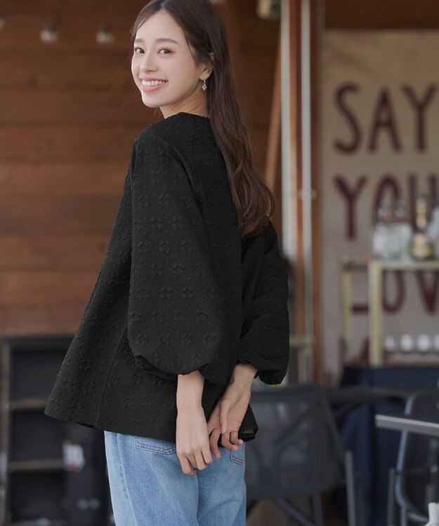 Tiaclasse 【洗える】ふくれジャガードバルーンスリーブチュニックブラウス ブラック