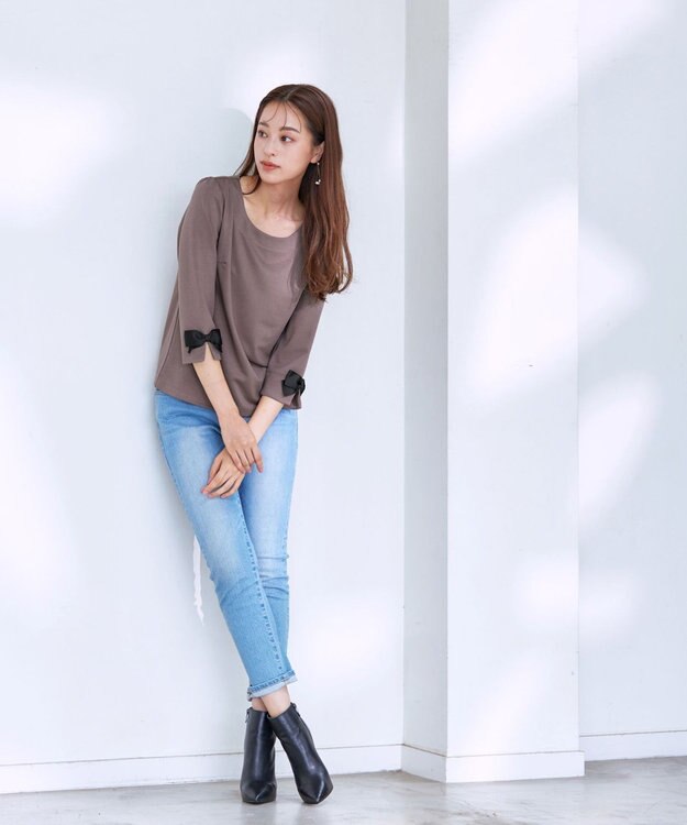 Tiaclasse 【洗える】グログランリボンカットトップス モカ