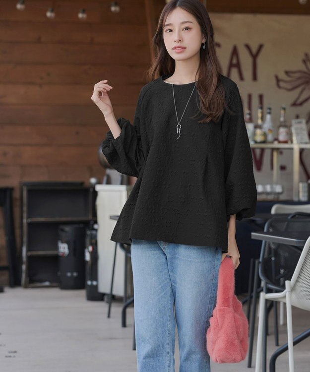 Tiaclasse 【洗える】ふくれジャガードバルーンスリーブチュニックブラウス ブラック