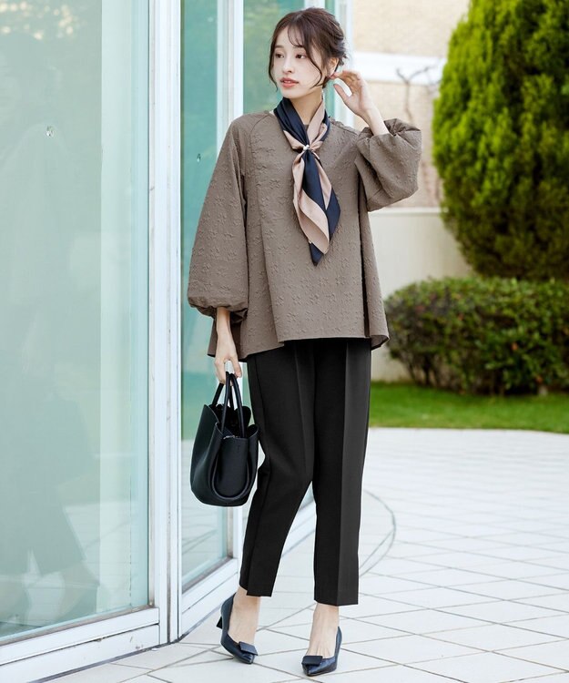 Tiaclasse 【洗える】ふくれジャガードバルーンスリーブチュニックブラウス モカ