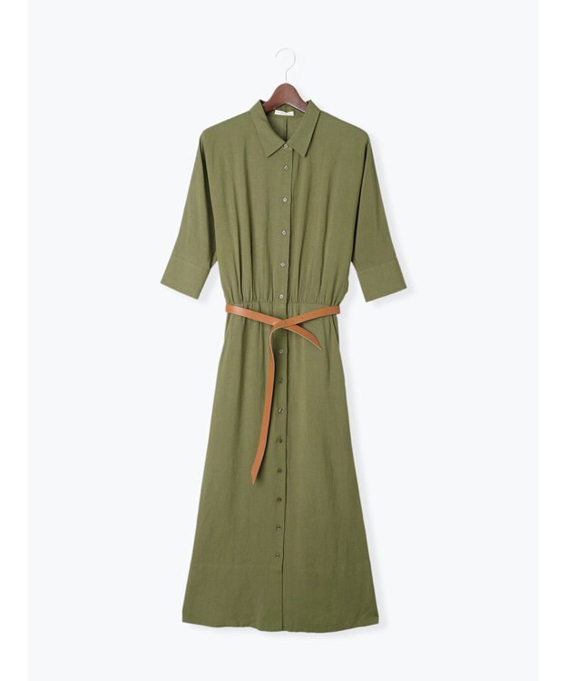 Te chichi ベルト付きレーヨンリネンシャツワンピース カーキ