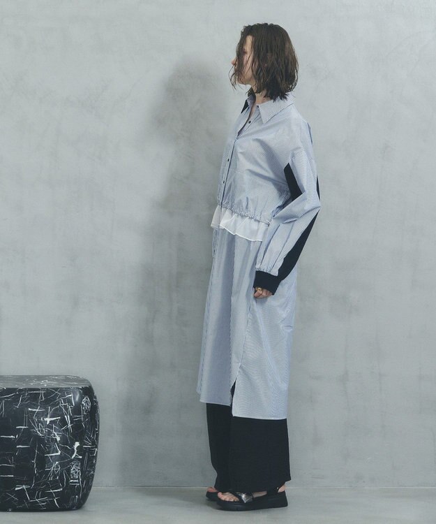 YECCA VECCA シアーMIXドロストデザインシャツワンピース Stripe