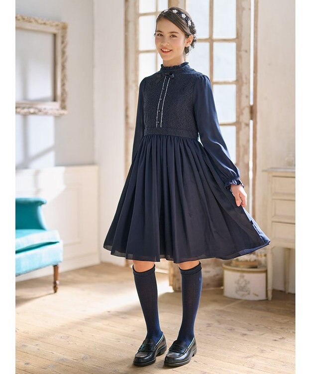組曲 KIDS 【150-170㎝】レースシフォン ワンピース ネイビー系