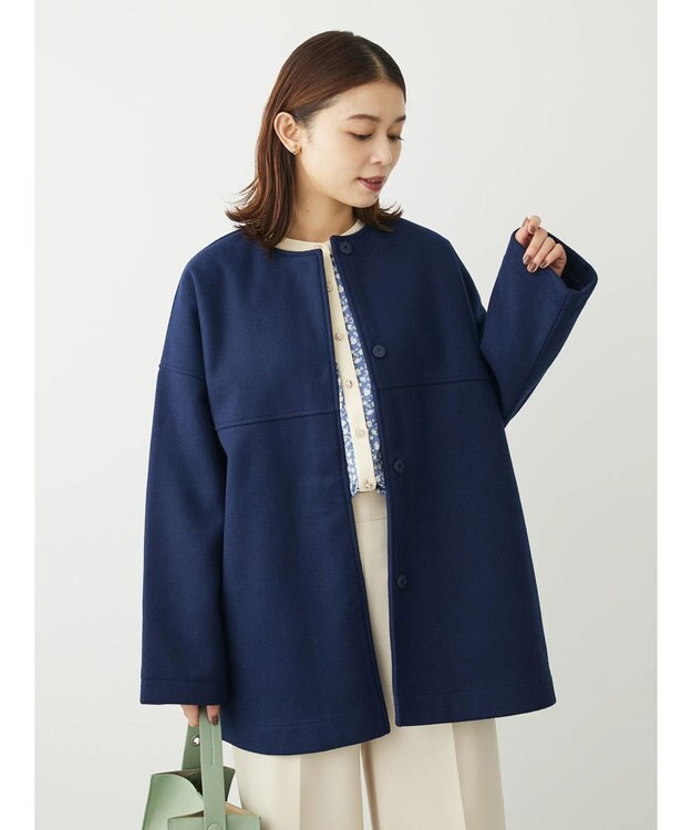 Green Parks 洗えるノーカラーショートコート Dark Navy