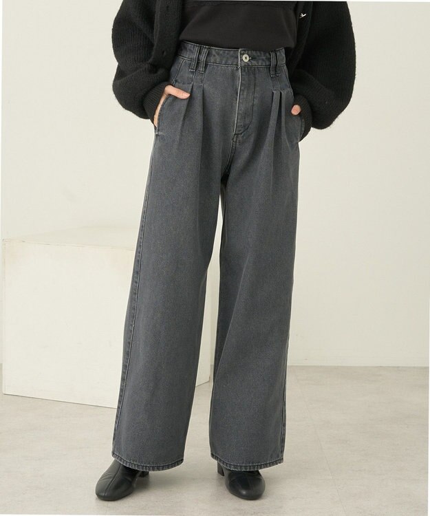 earth music&ecology ダブルタックワイドデニムパンツ Black