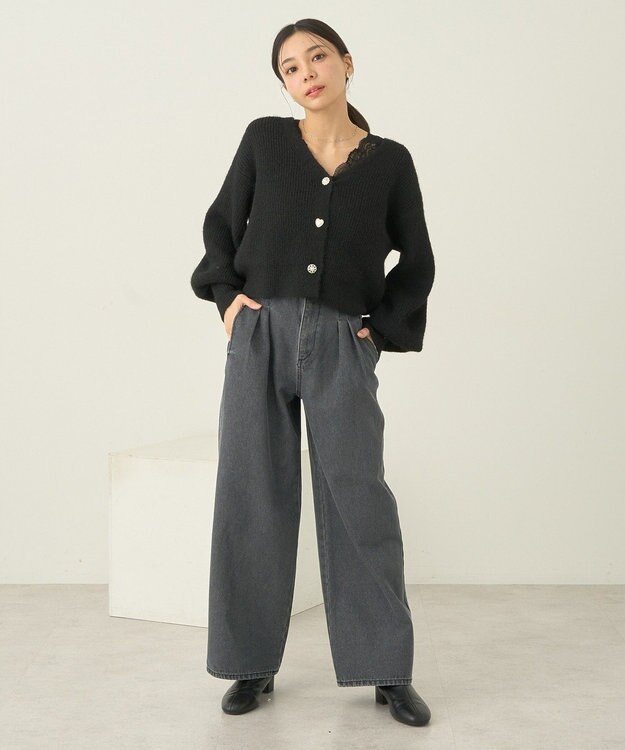 earth music&ecology ダブルタックワイドデニムパンツ Black