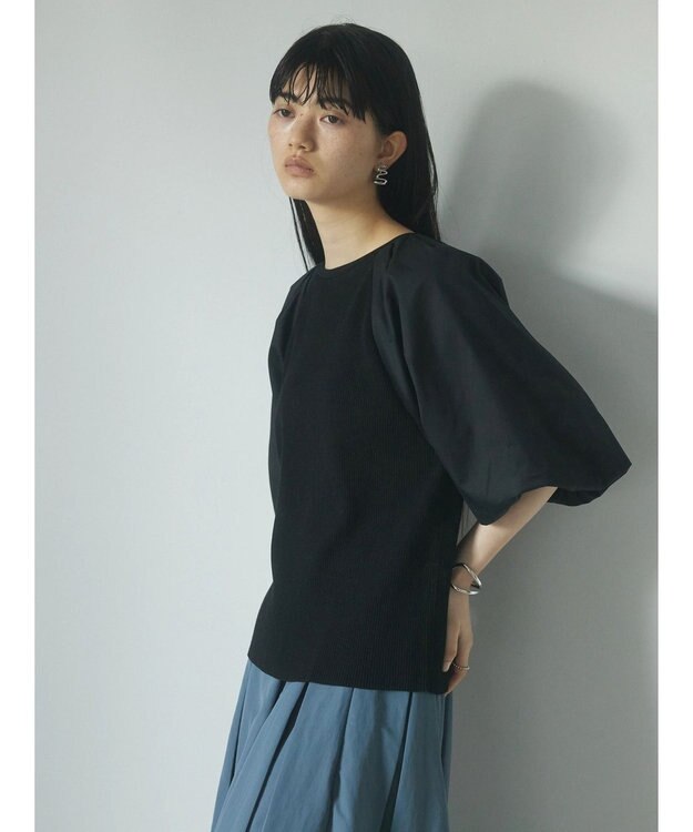 Green Parks armonia．袖布帛ニットプルオーバー Black