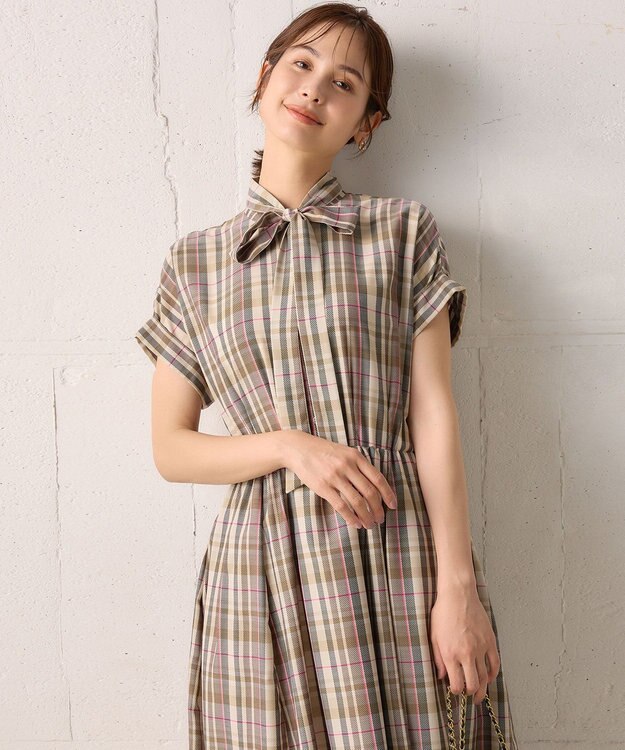 組曲 【リボンタイ付き】シアーツイルチェック ワンピース ベージュ系3