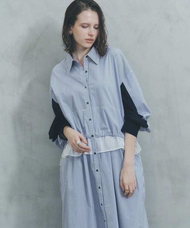 YECCA VECCA シアーMIXドロストデザインシャツワンピース Stripe